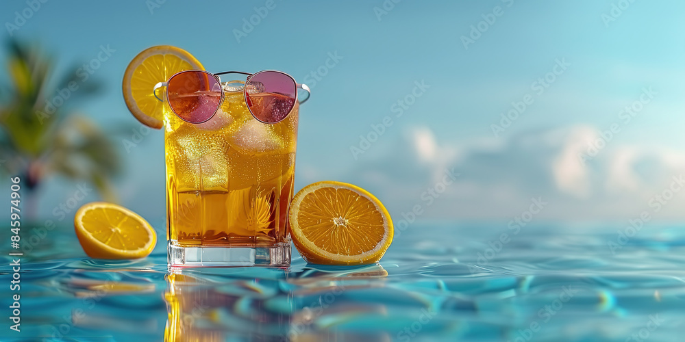 Summer fresh cocktail lemonade in glass with ice and lemon on sea turquoise blue water background with palms. Summer sea vacation and travel concept. Exotic summer drinks.