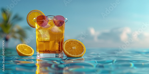 Obraz na płótnie Summer fresh cocktail lemonade in glass with ice and lemon on sea turquoise blue water background with palms. Summer sea vacation and travel concept. Exotic summer drinks. w salonie