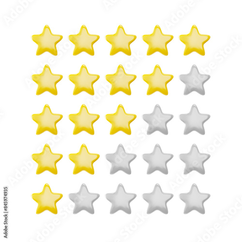 3d Vector rating interface with a row of yellow stars on a white background