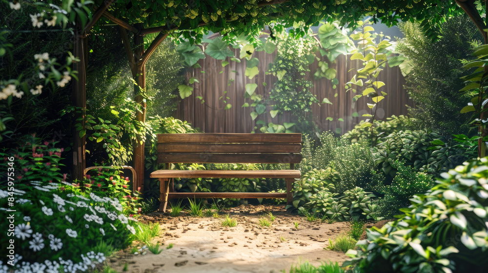 Obraz premium Old wooden bench in arbor at small home garden, green plants and pergola at house back yard, landscaping backyard in summer. Concept of landscape design, vacation, nature