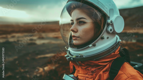 Portrait of female astronaut in spacesuit on alien planet, adult girl in futuristic helmet outside spaceship. Concept of space travel, young woman, people, future, © scaliger