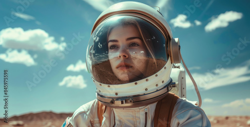 Portrait of female astronaut in spacesuit on alien planet like in sci-fi movie, adult girl in futuristic helmet outside spaceship. Concept of space, young woman, people, future