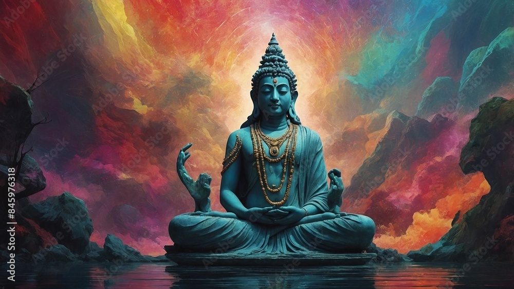 Statue of Buddha meditating surrounded by colorful ethereal energies, fantasy backgound Statue of Buddha meditating surrounded by colorful ethereal energies, fantasy backgound