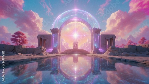 Fantasy scene with temple, celestial entrance and cosmic energy of different colors
