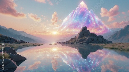 Fantasy landscape with surreal crystal mountains, reflected on the water at sunset, dreamy background