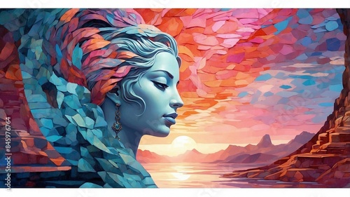 Fantasy scene with a beautful woman statue and amazing landscape on the background, oil painting style