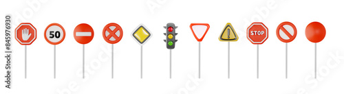 Set of 3D vector traffic control signs on isolated background.