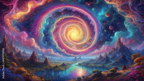 Fantasy landscape with psychedelic bright colorful sky and galaxies moving in spiral above beautiful nature with mountains and river, horizontal background