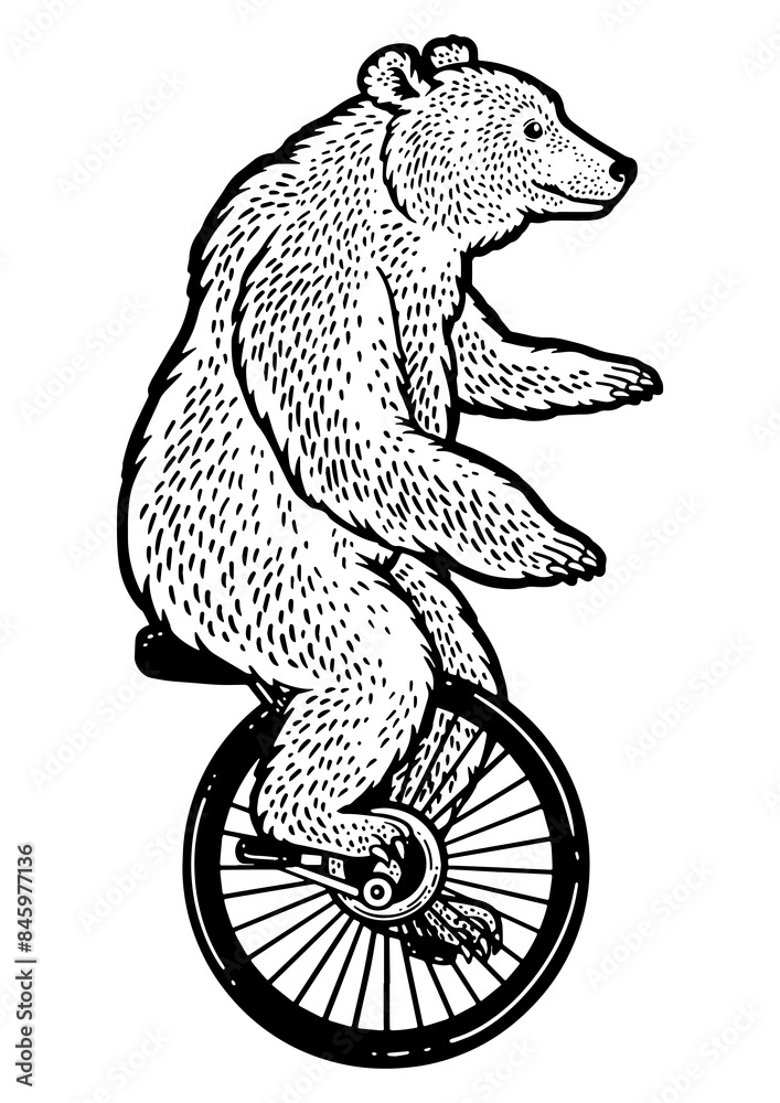 Obraz premium unicycle cartoon circus bear sketch engraving PNG illustration. T-shirt apparel print design. Scratch board imitation. Black and white hand drawn image.