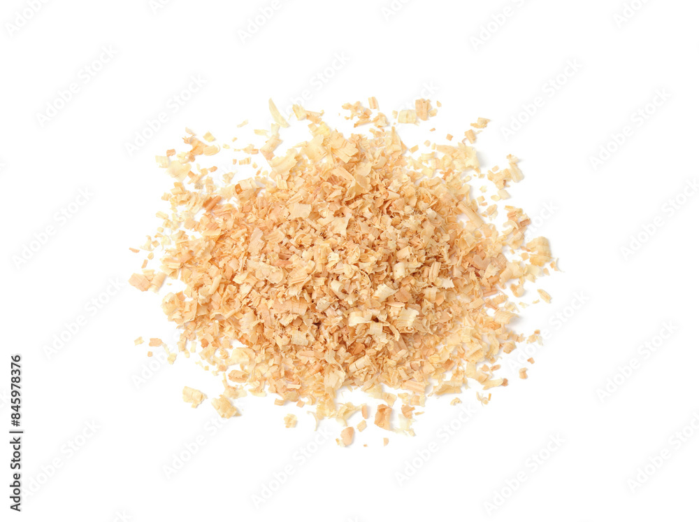 Pile of natural sawdust isolated on white, top view Pile of natural sawdust isolated on white, top view