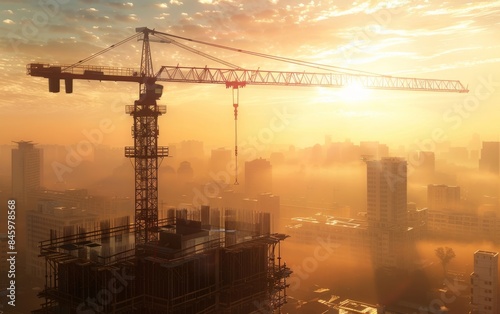 Steel industry's sunlit construction site with towering cranes amidst an urban skyline. Industry and steel in action.