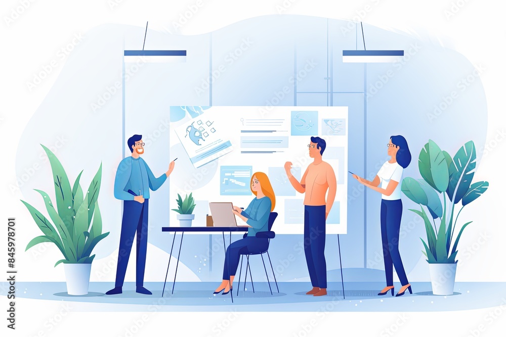 flat vector style illustration, a diverse group of people talking and collaborating flat vector style illustration, a diverse group of people talking and collaborating