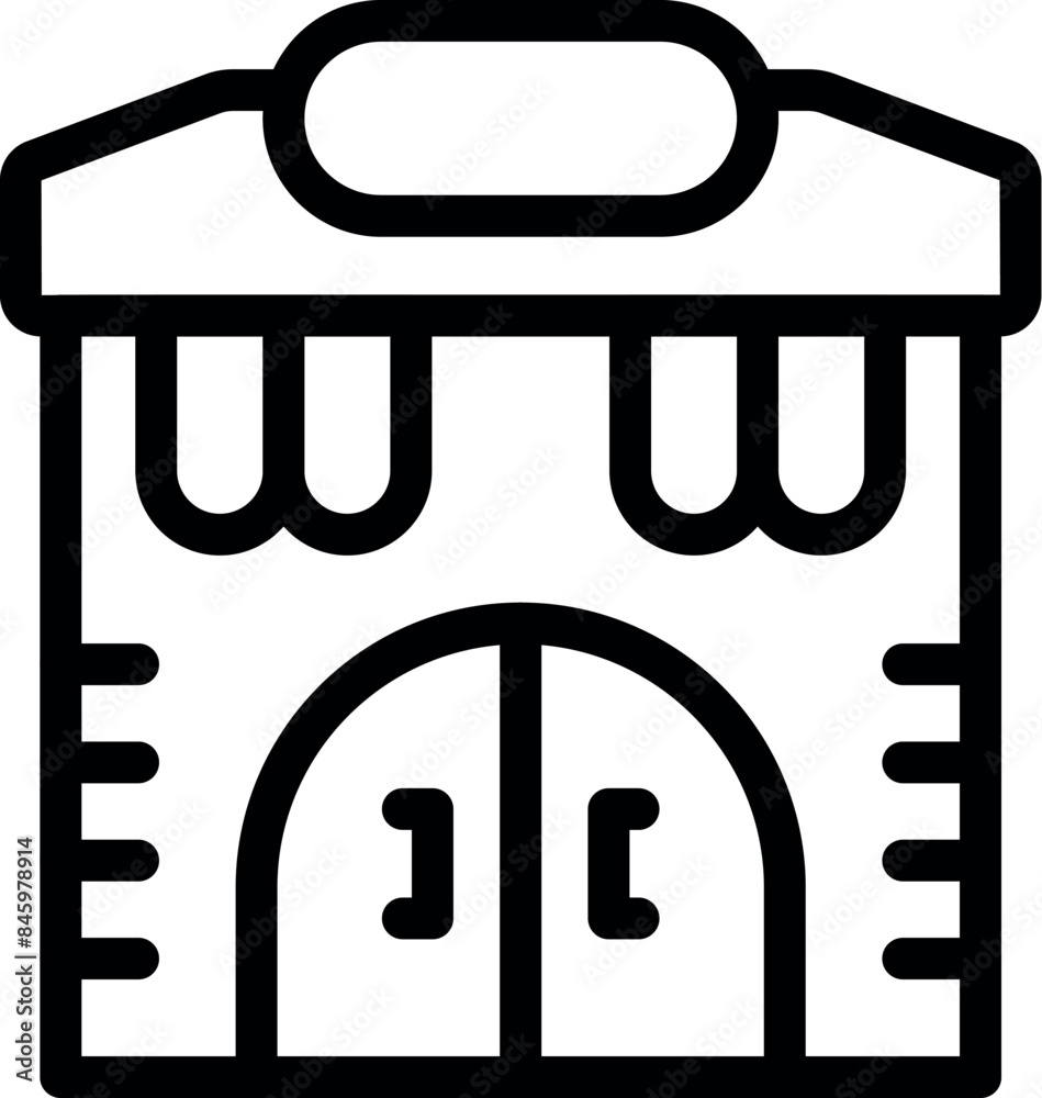 Simple black and white icon of a store building with awning and double doors Simple black and white icon of a store building with awning and double doors
