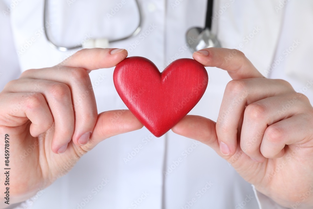 Doctor with red decorative heart, closeup view Doctor with red decorative heart, closeup view