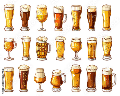 Cartoon Beer Glasses Icon Set. White Background. Very Simple Cartoon Style Pint Mug Stein Lager Ale Beverage Refreshment Bar Pub Alcohol Drinking Illustration