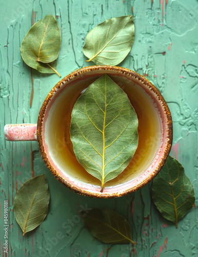 A cup of tea with a leaf on top of it photo