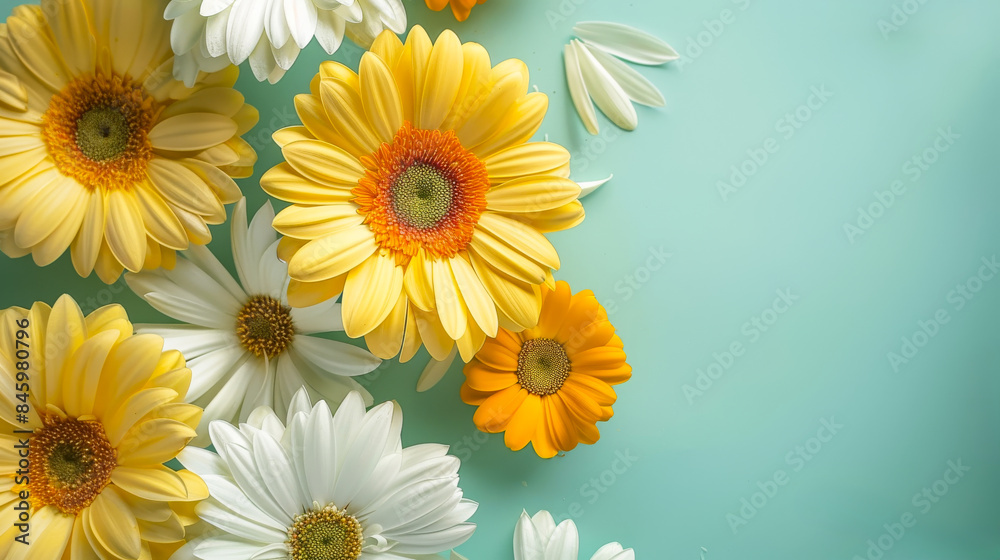 A bouquet of yellow and white flowers is arranged on a blue background A bouquet of yellow and white flowers is arranged on a blue background