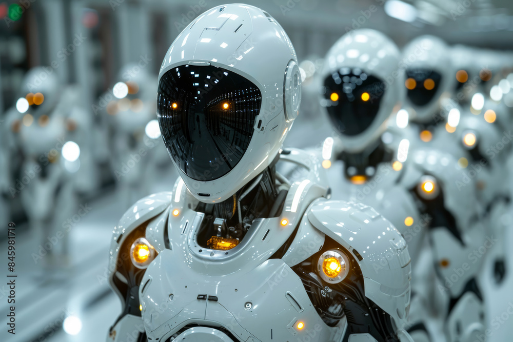 A group of robots are lined up in a factory A group of robots are lined up in a factory