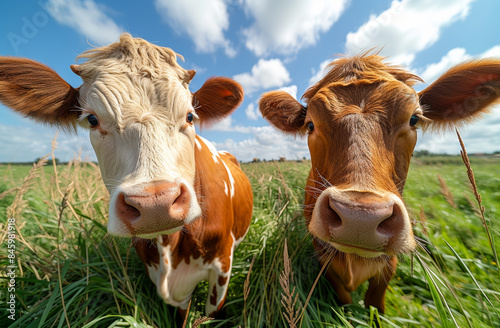Two cows standing in a field with one of them looking at the camera
