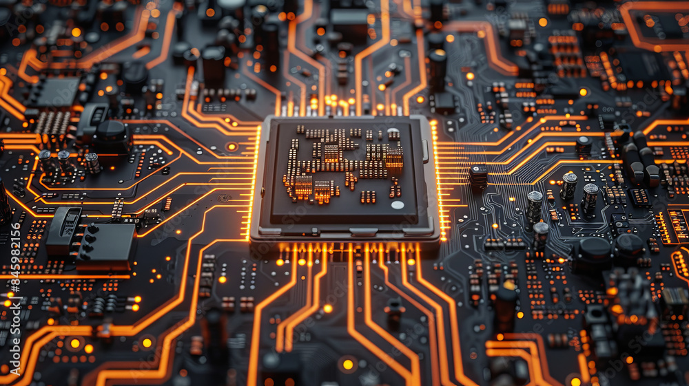 a beautiful a very tech circuit board with a futuristic microchip in the center that looks like city with buldings.generative ai