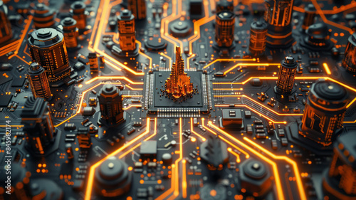a beautiful a very tech circuit board with a futuristic microchip in the center that looks like city with buldings.generative ai