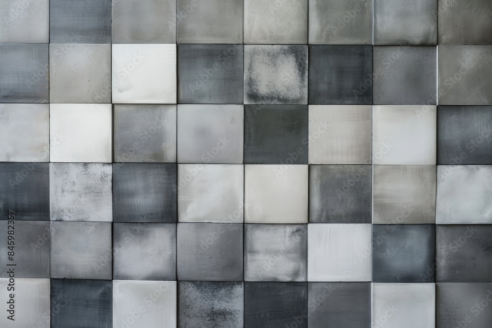 Concrete tiles of various shades of gray are forming a checkered pattern. Creating a modern and stylish look for a wall. The different textures and tones add depth and visual interest to the surface Concrete tiles of various shades of gray are forming a checkered pattern. Creating a modern and stylish look for a wall. The different textures and tones add depth and visual interest to the surface