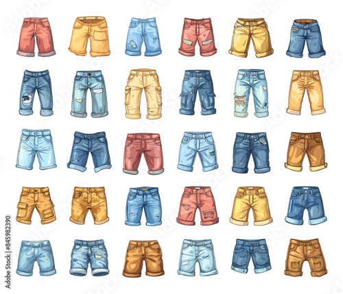Cartoon Jeans Shorts and Breeches Icon Set. White Background. Very Simple Cartoon Style Denim Apparel Fashion Casual Wear Clothing Trendy Illustration