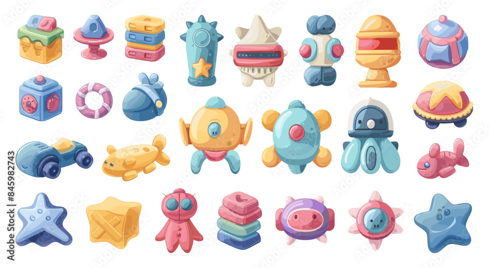Cartoon Plastic Infant Toys Icon Set. White Background. Very Simple Cartoon Style Colorful Baby Toys Rattles Developmental Playthings Entertainment Toddler Fun Illustration Cartoon Plastic Infant Toys Icon Set. White Background. Very Simple Cartoon Style Colorful Baby Toys Rattles Developmental Playthings Entertainment Toddler Fun Illustration
