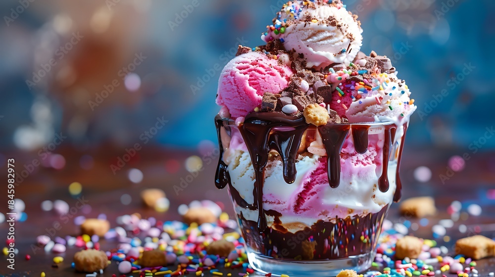 Cotton candy ice cream sundae with chocolate syrup sprinkles and crumbled cookies