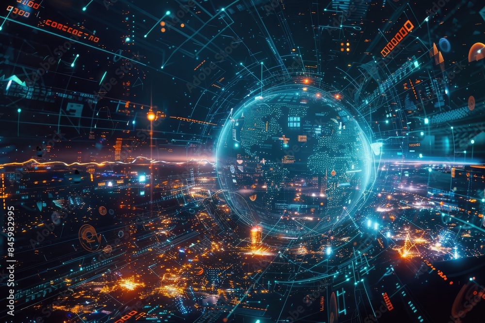 Metaverse VR gaming in cyberpunk style with global network technology. Metaverse VR gaming in cyberpunk style with global network technology.