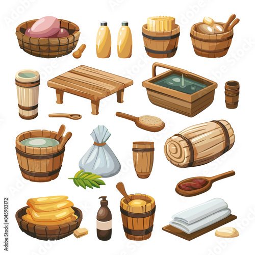 Cartoon Sauna Accessories Icon Set. White Background. Very Simple Cartoon Style Wellness Spa Steam Room Aromatherapy Relaxation Illustration