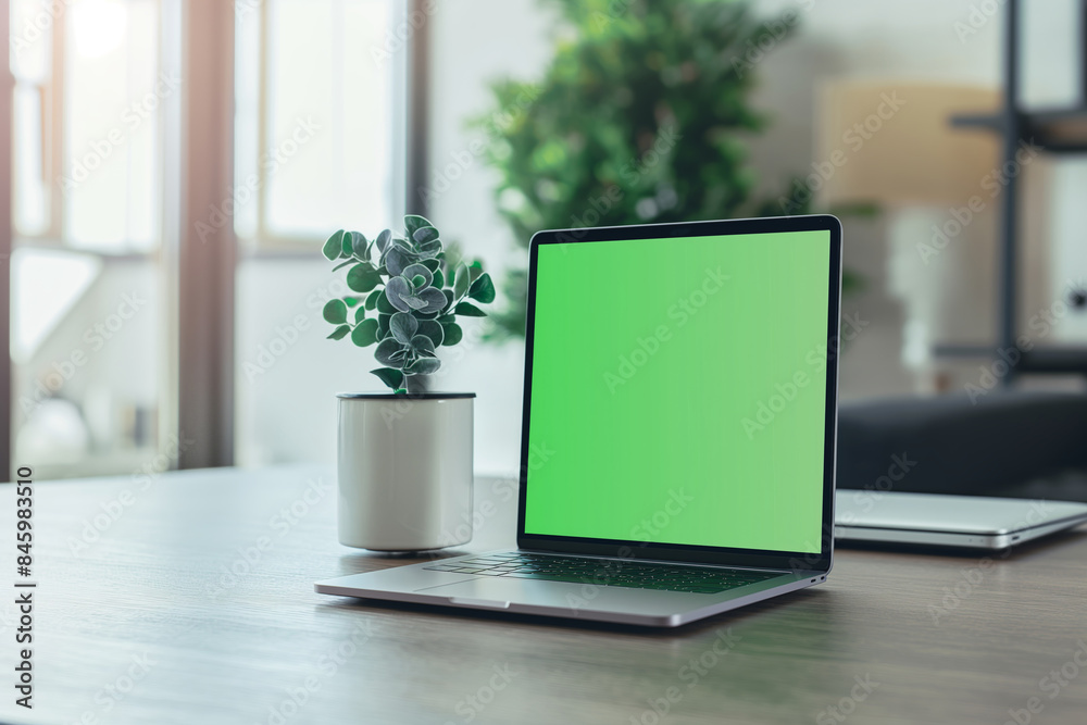 Laptop with blank green screen on a desk with plant in pot, workspace concept, mock-up Laptop with blank green screen on a desk with plant in pot, workspace concept, mock-up