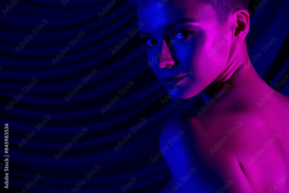 Photo of tempting sweet lady nude shoulders enjoyng herself empty space isolated neon pink violet color fabric Photo of tempting sweet lady nude shoulders enjoyng herself empty space isolated neon pink violet color fabric
