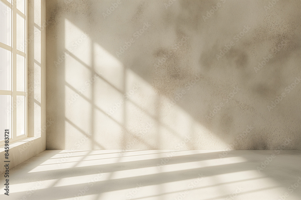 Obraz premium Empty room with sunlight streaming through large windows, minimalism concept