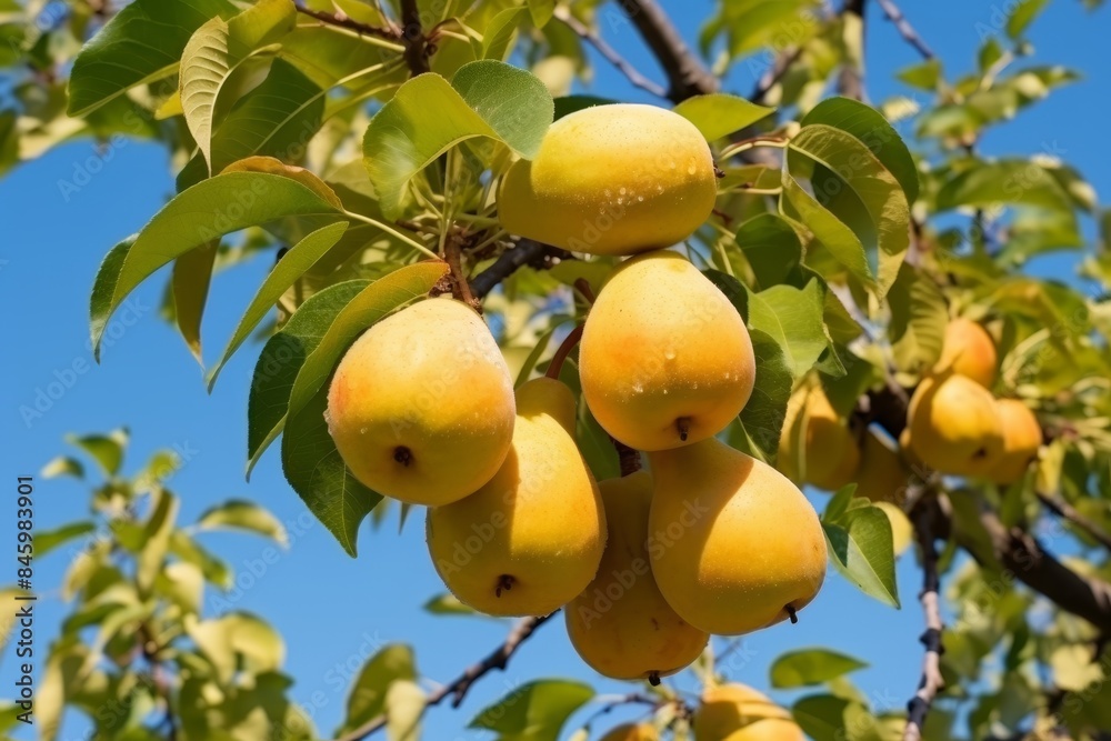 Ripe pear on tree branch with vibrant blue sky background, showcasing delicious fruit Ripe pear on tree branch with vibrant blue sky background, showcasing delicious fruit
