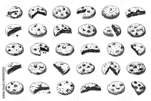Engraving Style Bitten Chocolate Cookies Icons Set. Hand Drawn Simple Style Black Icons on White Background. Biscuit Snack Sweet Dessert Delicious Treat Confectionery Illustration