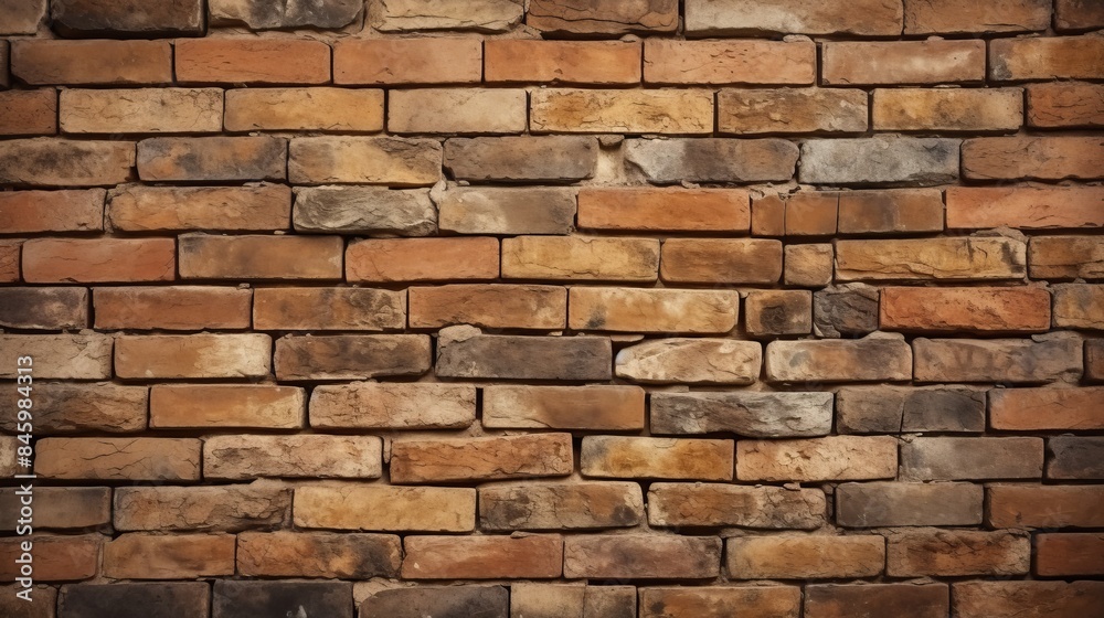 Weathered brick wall with textured cement seams in the background, showcasing aged vintage charm Weathered brick wall with textured cement seams in the background, showcasing aged vintage charm