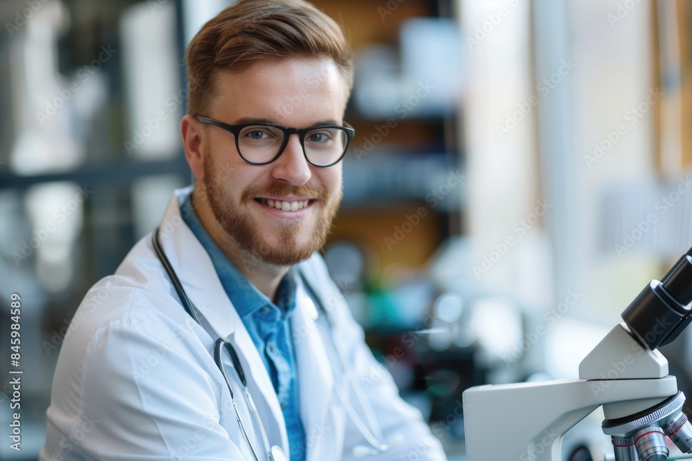 Young scientist smiling by microscope in lab. Research and development. Young scientist smiling by microscope in lab. Research and development.