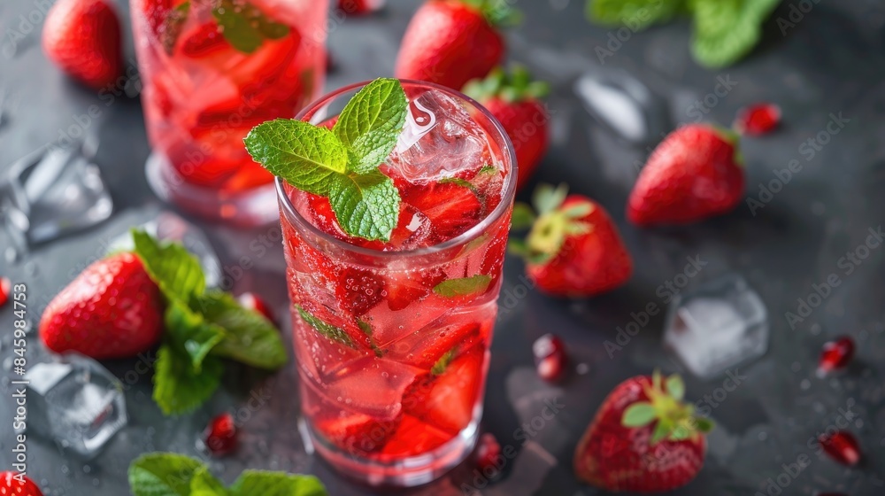 Refreshing summer beverage garnished with ice mint and strawberries Refreshing summer beverage garnished with ice mint and strawberries