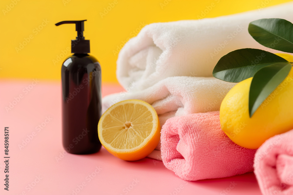 Lemon spa therapy with fresh towels and soap on pastel background, relaxation concept Lemon spa therapy with fresh towels and soap on pastel background, relaxation concept