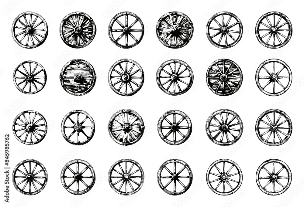 Engraving Style Wooden Carriage Wheels Icons Set. Hand Drawn in a Simple Style Black Icons on a White Background. Vintage Cart Wheel Spoke Timber Transportation Antique Engraving Style Wooden Carriage Wheels Icons Set. Hand Drawn in a Simple Style Black Icons on a White Background. Vintage Cart Wheel Spoke Timber Transportation Antique