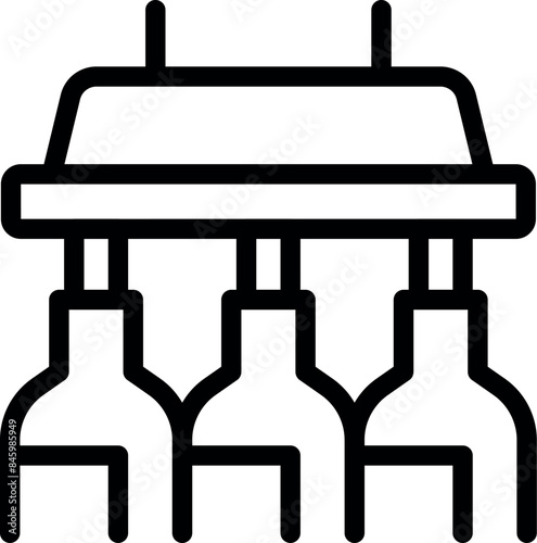 Black line icon of three wine glasses hanging upside down from a ceiling rack
