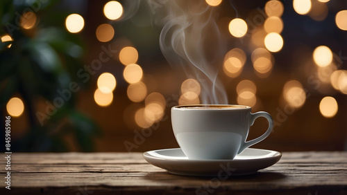 A cup of steaming coffee placed on a rustic wooden table against a serene backdrop with gentle lights