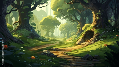 A magical forest trail in the middle of the woods. Old trees, a path amidst dense greenery. Enchanted Forest Woodland Nature Trail Scenic Path Lush Foliage Fantasy Landscape