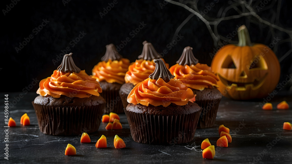 Delicious Halloween cupcakes with pumpkin icing and a spooky background Perfect for seasonal festivities Delicious Halloween cupcakes with pumpkin icing and a spooky background Perfect for seasonal festivities