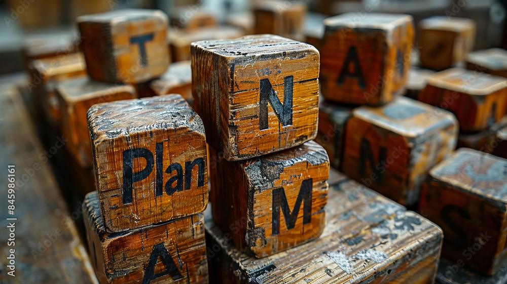 Present a different perspective with a unique angle of wooden cubes spelling Present a different perspective with a unique angle of wooden cubes spelling