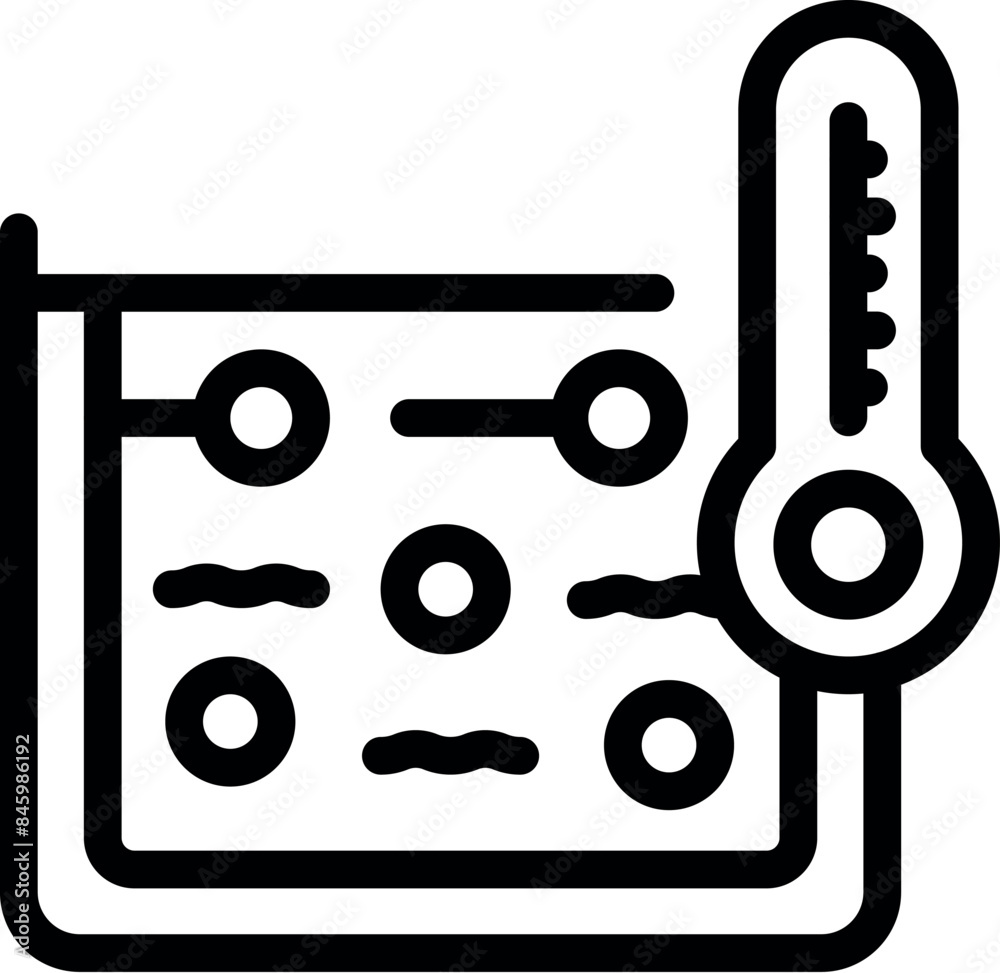 Line icon of a laboratory thermometer measuring temperature changes during an experiment with a petri dish Line icon of a laboratory thermometer measuring temperature changes during an experiment with a petri dish