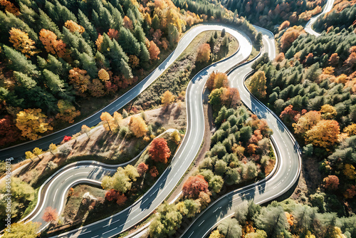 Autumn mountain roads: aerial view in warm tones © miha
