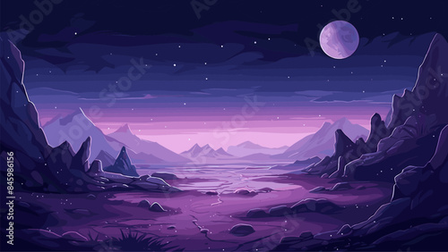 Alien planet landscape with bizarre rocks against a starry sky. Extraterrestrial Terrain Sci-Fi Landscape Fantasy Environment Outer Space Scene Planetary Surface Rocky Mountains