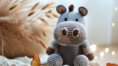 Cute hippopotamus crochet handmade toys for kids vintage background soft toy
